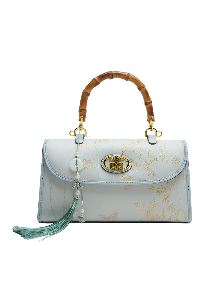 2024 Newly Trendy and Elegant Bamboo Handheld Bag with Embroidered Flower Tassel Women\'s Luxury and Premium Leather Shoulder Bag