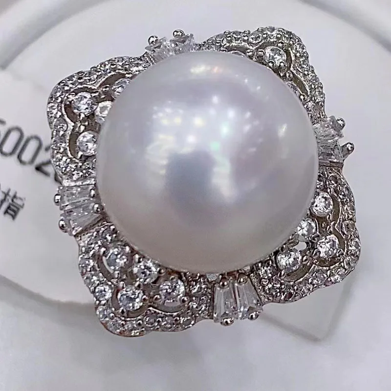 

S925 Sterling Silver Full Diamond Set 12-13MM Freshwater Edison Ring Flawless Pearl Zhuji Ring Fashion Jewelry