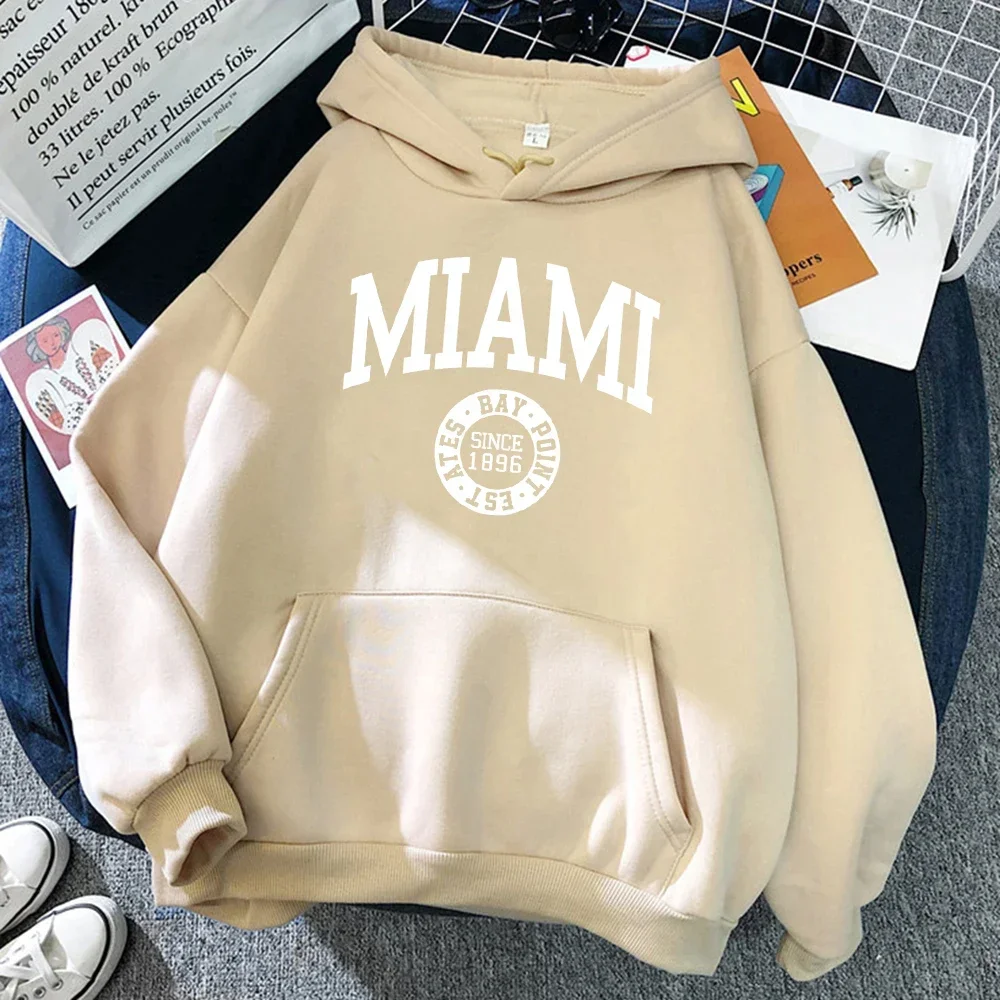 

Miami Since 1896 Letter Printing Hoodies Women All-Match Fashion Hoody Hip Hop Fleece Streetwear Crewneck Multicolor Womenswear