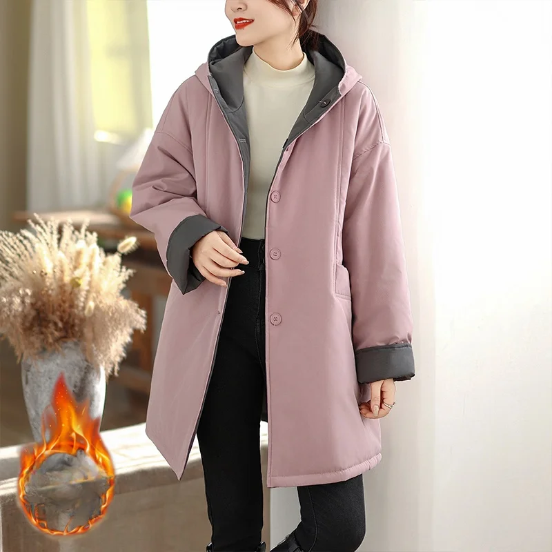 Thiened algodão jaet outerwear casual com capuz dupla face usar comprimento médio cor pura feminino commute sle roupas