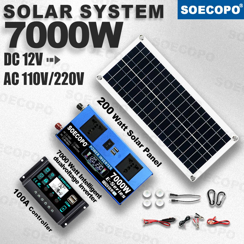 

SOECOPO 7000W Dual-Voltage Solar System Kit 12V to 110V/220V Inverter 200W Panel 100A Controller, for Off-Grid Home RV & Camping