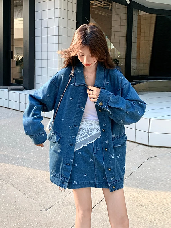 

Embroidered Knot Top ort Skirt Set Women's Casual Faion Set High Waist Collar Button Loose Fit Autumn Wear