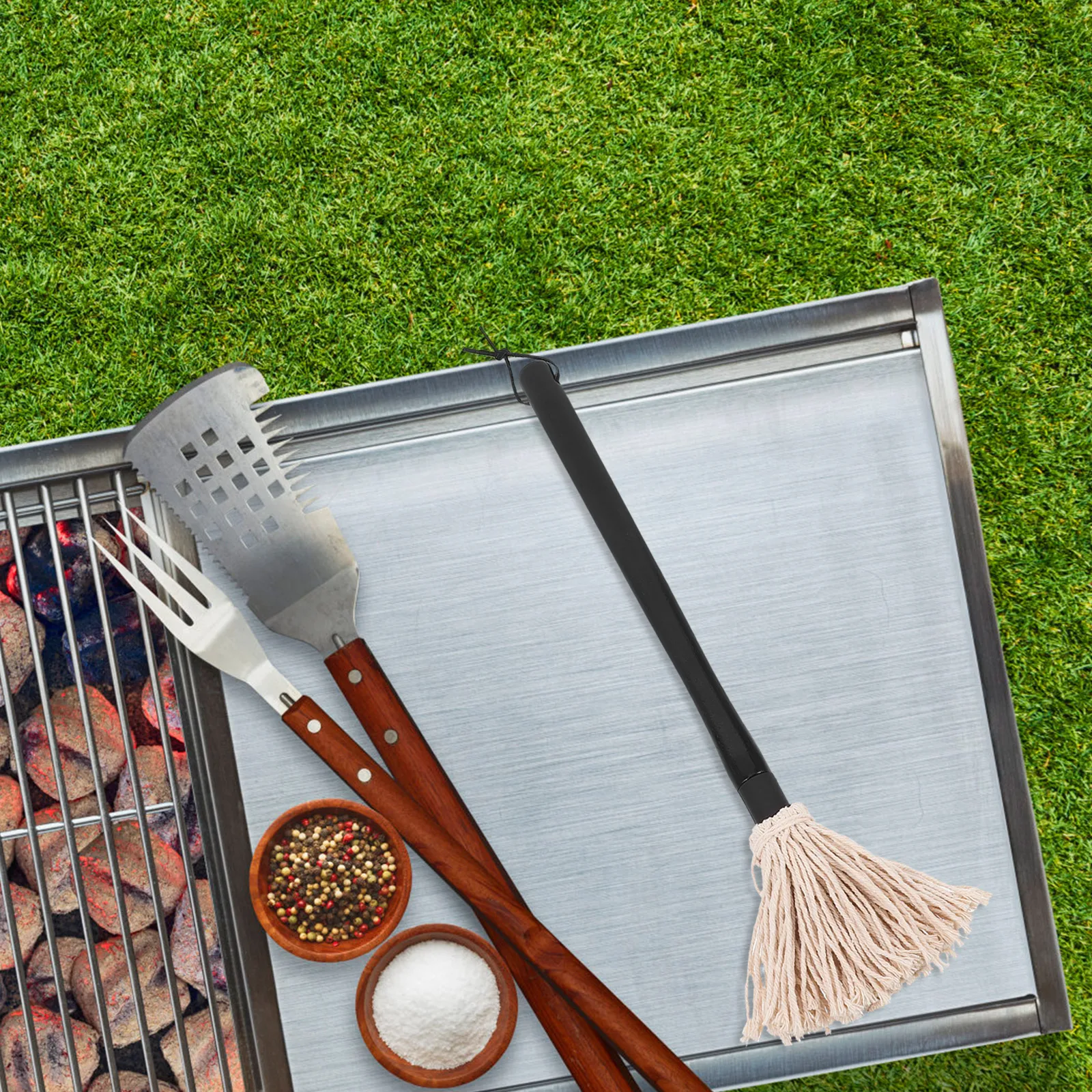 

Reusable BBQ Mop Oil Brush 2 Replacement Heads Rubber Wood H Grilling Baking Sauce Marinating Ribs Brisket Chicken