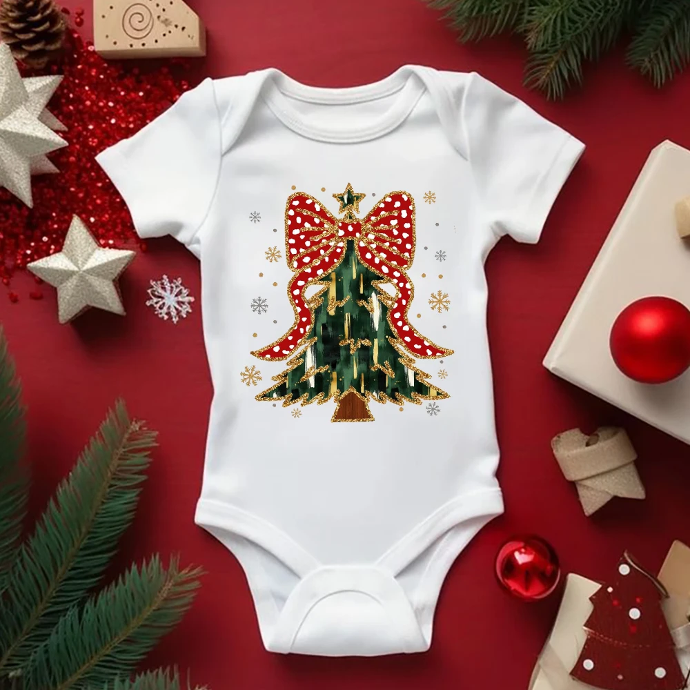 Christmas Tree Bow Printed Baby Badysuit Christmas Vibes Newborn Romper Xmas Party Infant Outfit Newborn Short Sleeve Jumpsuit