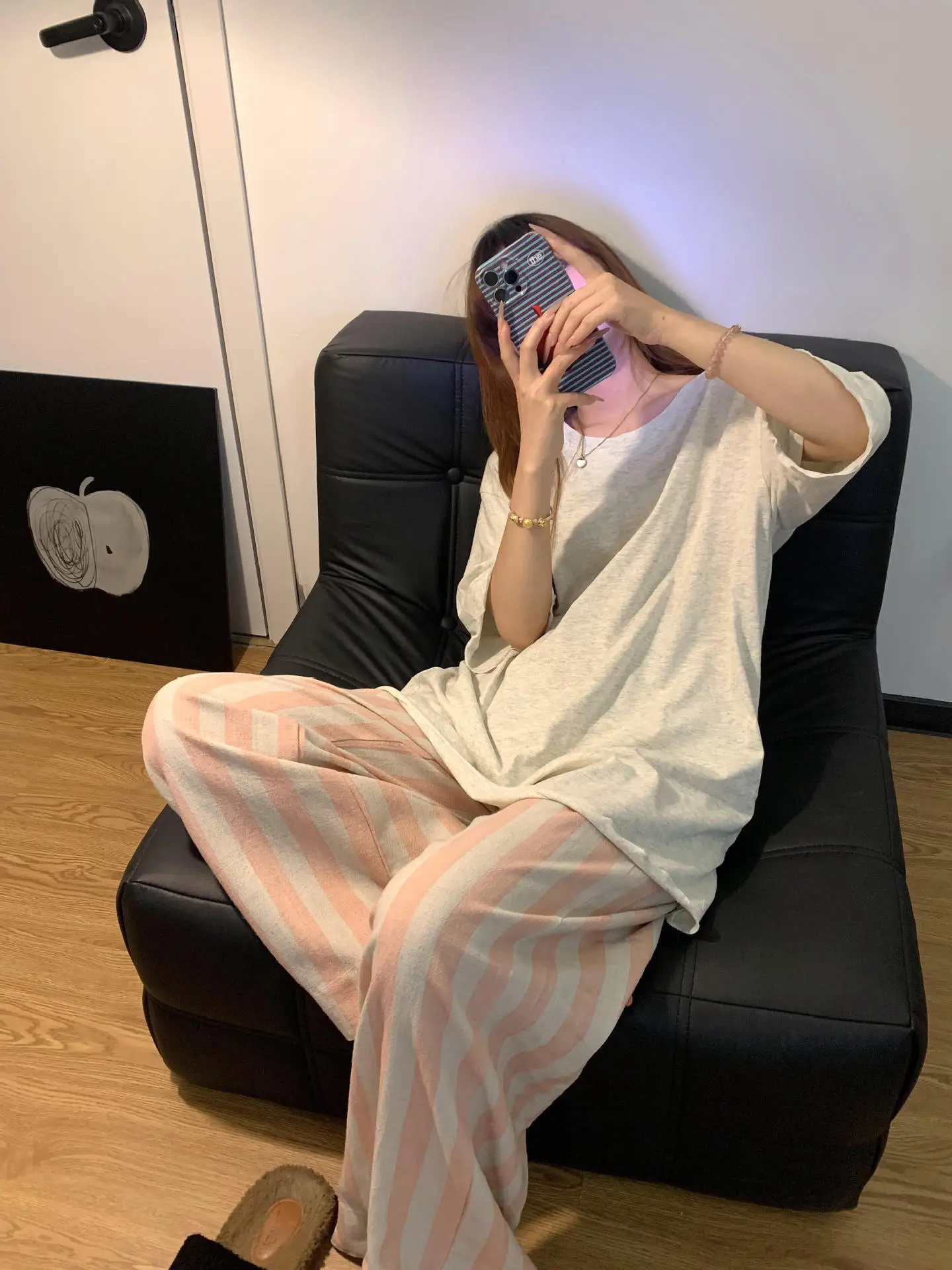

Retro Striped Pajamas Set Women Casual Oversized Tee Wide Leg Pants Summer Homewear 2026 Loose Fit Loungewear Sleepwear Outfits
