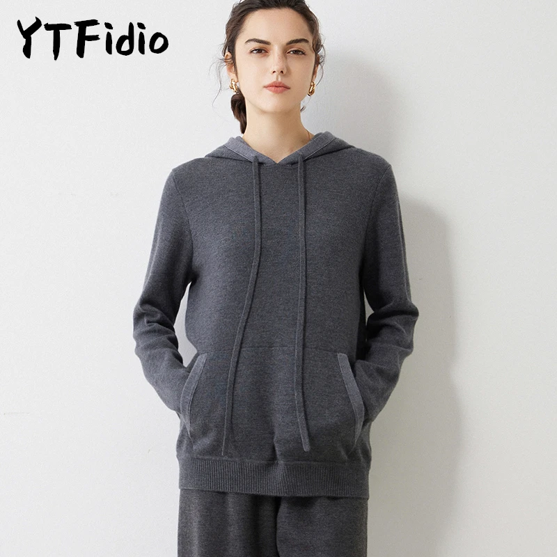 

YTFidio 100% Cashmere Women Thickened Hooded Zippered Cardigan with Drawstring and Pockets Girl Solid Knitted Tops Cardigan 50