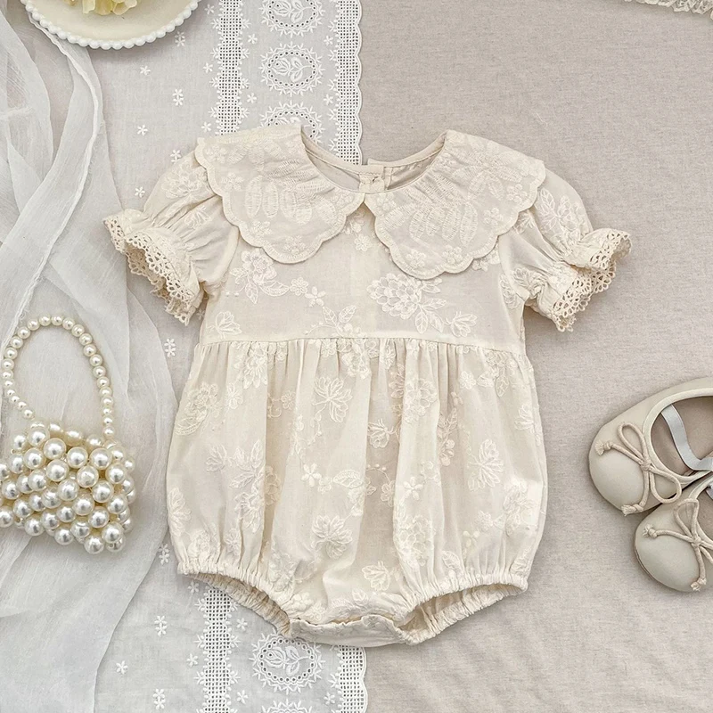 

Новинка 2026: Летний комбинезон для новорожденных девочек (0-24 месяца) с коротким рукавом, хлопковый, с вышивкой, в корейском стиле, для ползания