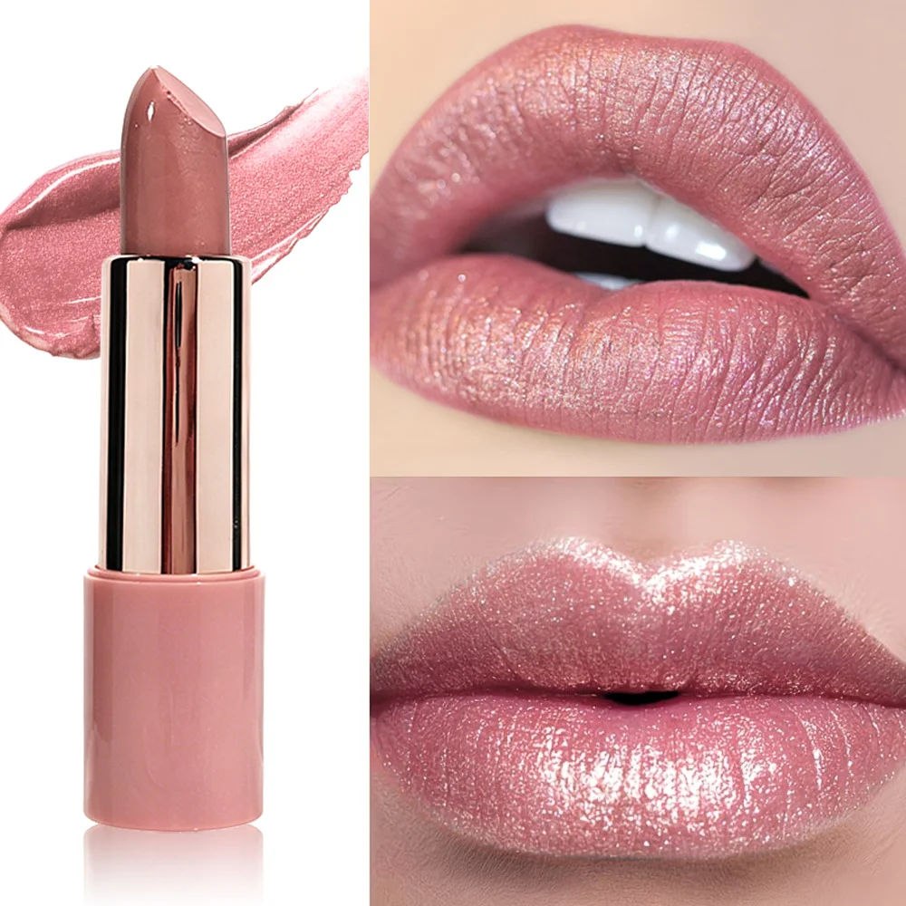 JUJU DREAM Nude Pink Rose Gold Shimmer Lipstick Metallic Glitter Hydrating Long Lasting Nude Lip Balm Women Daily Makeup