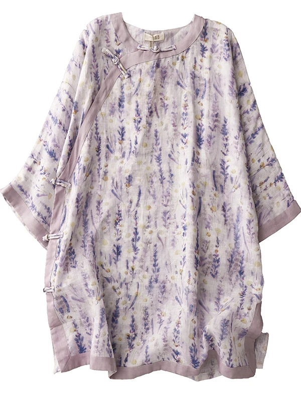 Artistique Lav imprimé coton lin Midi Dr grande taille femmes t-shirt quart Sve bouton Plaet col montant Dr