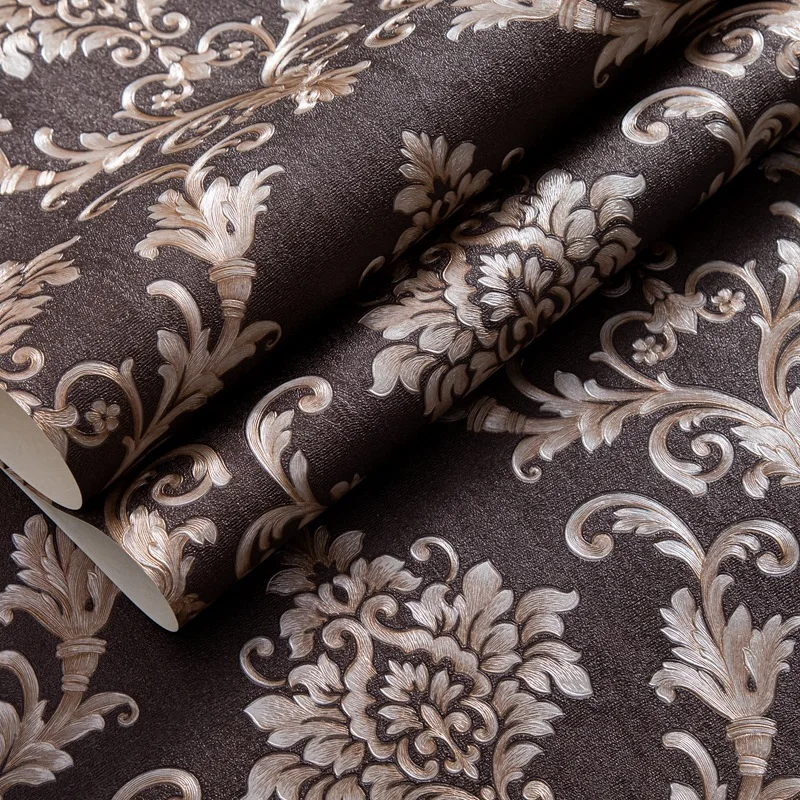 Vintage European Damascus Wallpaper Roll Non-Adhesive Embossed Dark Brown Floral Wall Paper for Home TV Sofa Background Decor