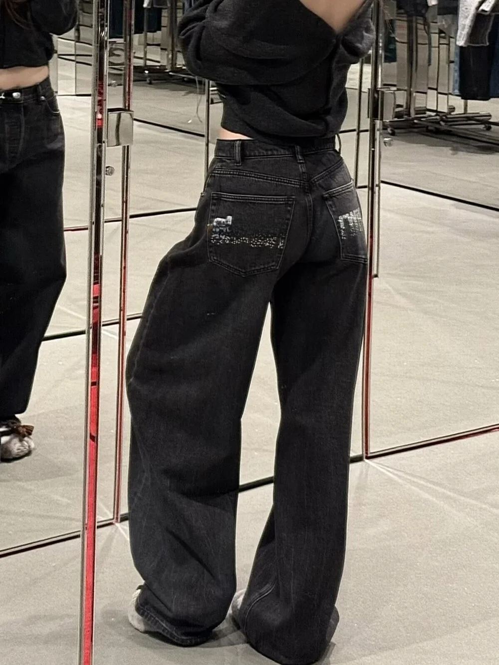 

American Heavyweight Letter Rhinestone High Waist Knife Denim Pants Women's Loose Wide Leg Jeans Casual Cotton Trousers