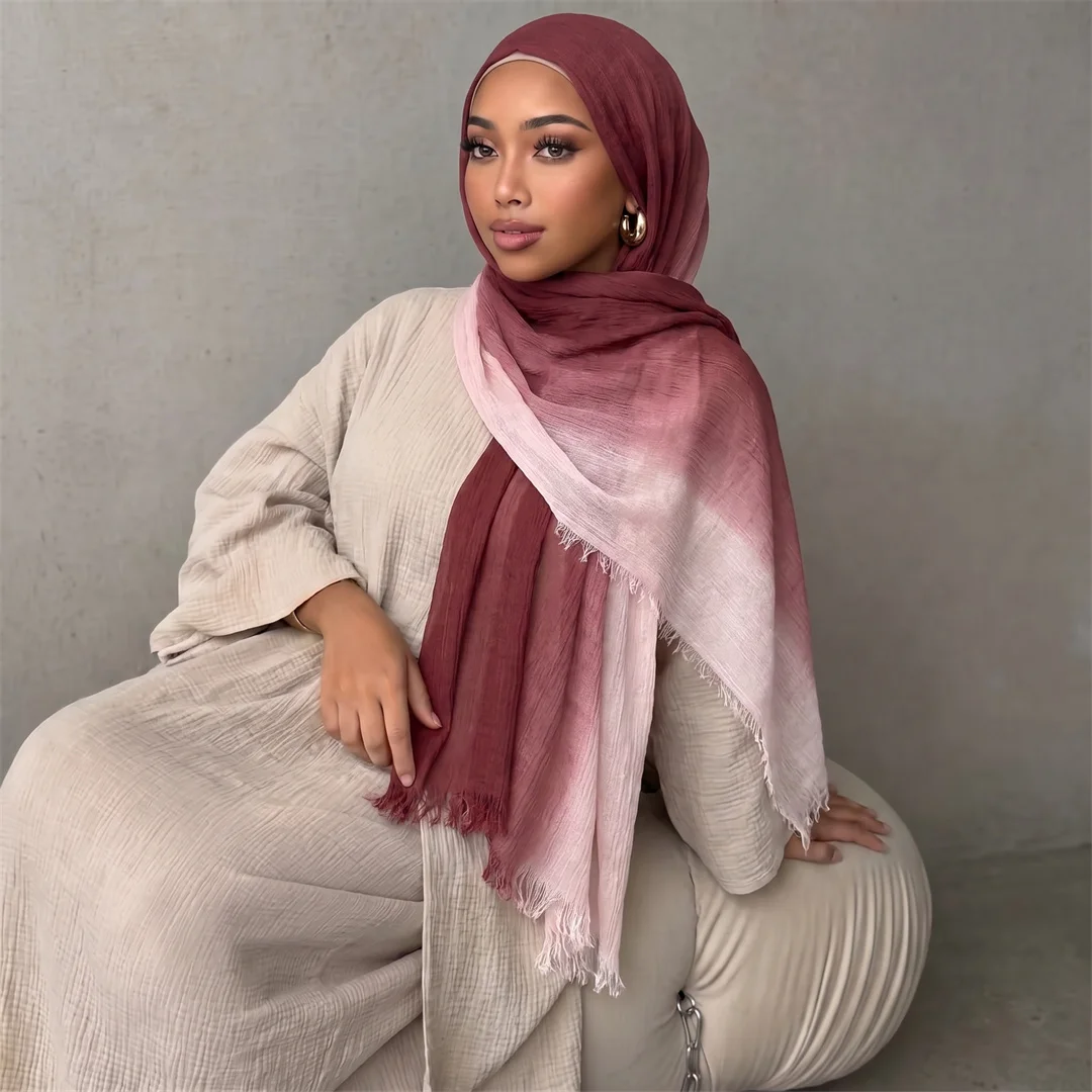 Gradient Two Tone Rayon Hijab Scarf Fringe Soft Light Muslim Women Headscarf Wrap Breathable Boho Daily Islamic Turban Shawl view 4