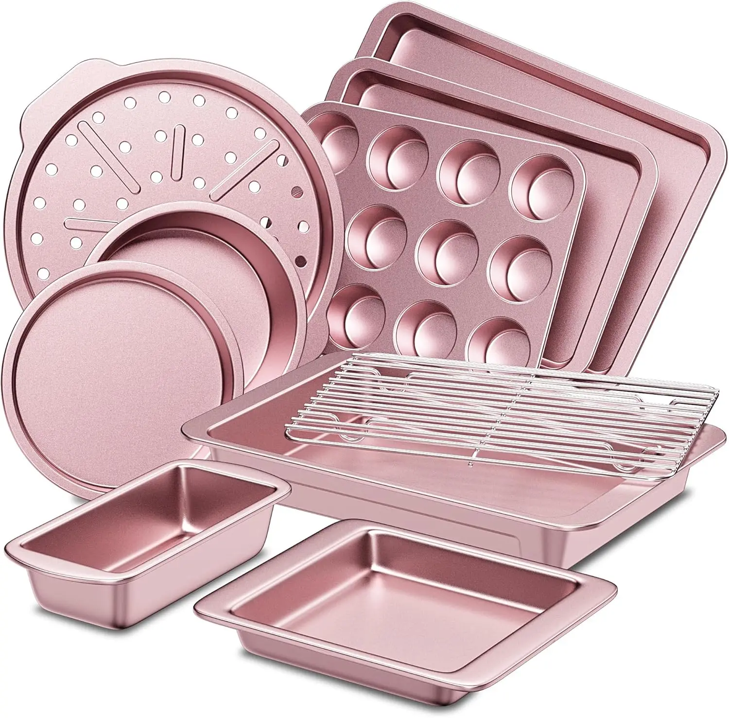 

10-Piece Nonstick Baking Pan Set with Wide Grips, Includes Rack, Cookie Sheet, Cake Pans, Loaf & Muffin Pan - Pink