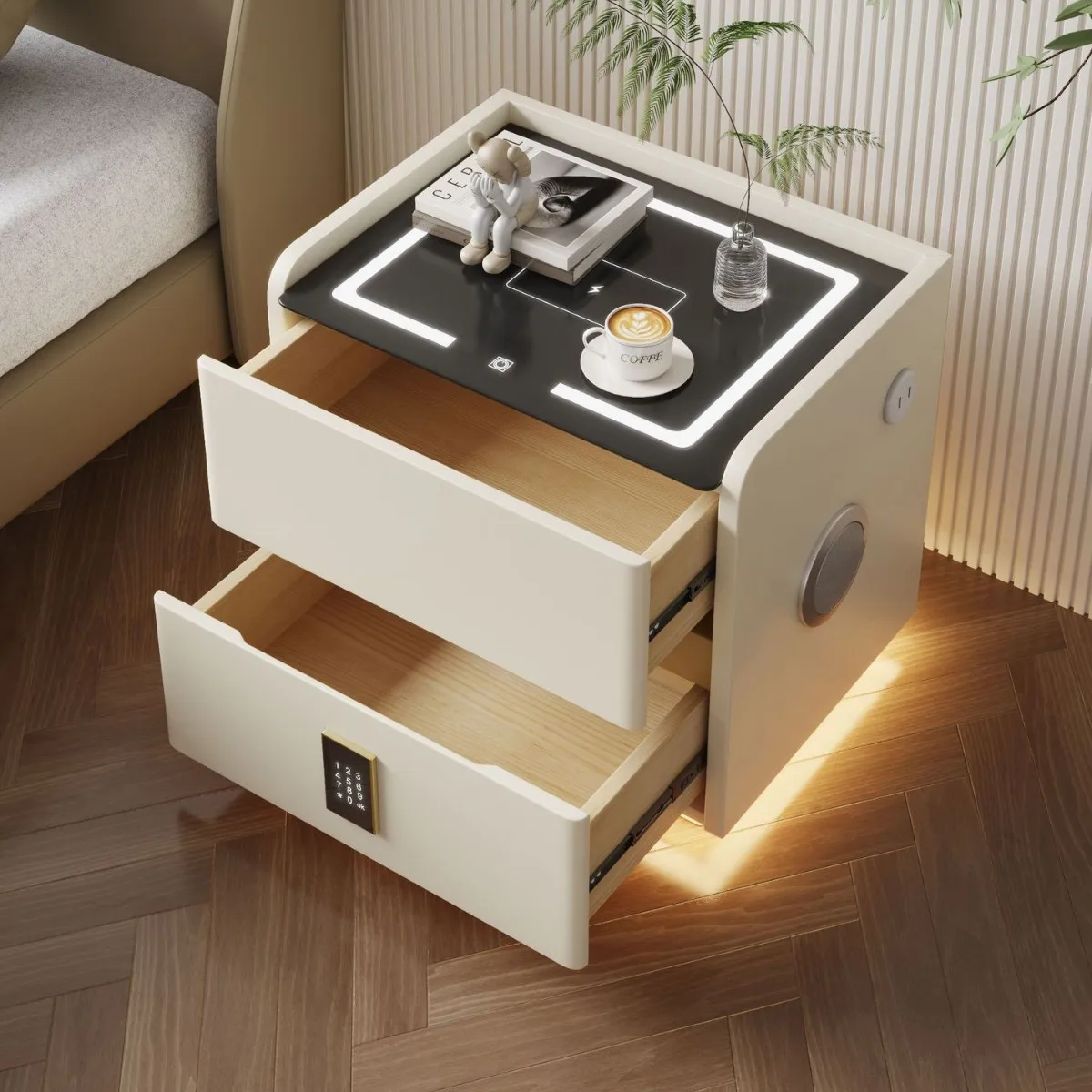 طاولة سرير ذكية مع ضوء مستشعر، شحن لاسلكي، قفل بكلمة مرور رقمية ومكبر صوت بلوتوث، ومنضدة بدرجين #1