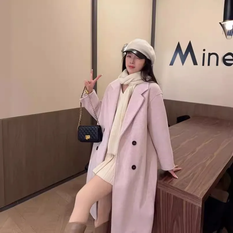 

Новинка 2025, шерстяное пальто цвета молока, кофе, женское двубортное пальто в стиле Хепберн, осенне-зимняя мода