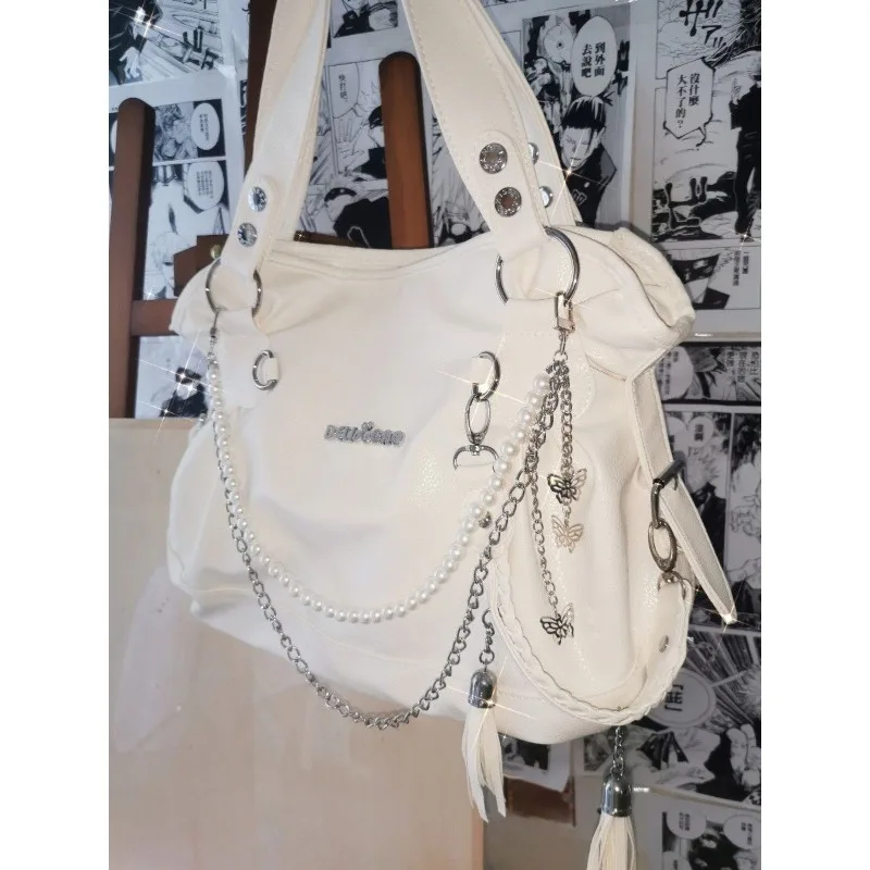 Ichme Y2K Women Tote Bags Fashion Punk Moto Style Chains Tassel Shoulder Bags Beading Large Capacity Multi Pockets Bolso Mujer