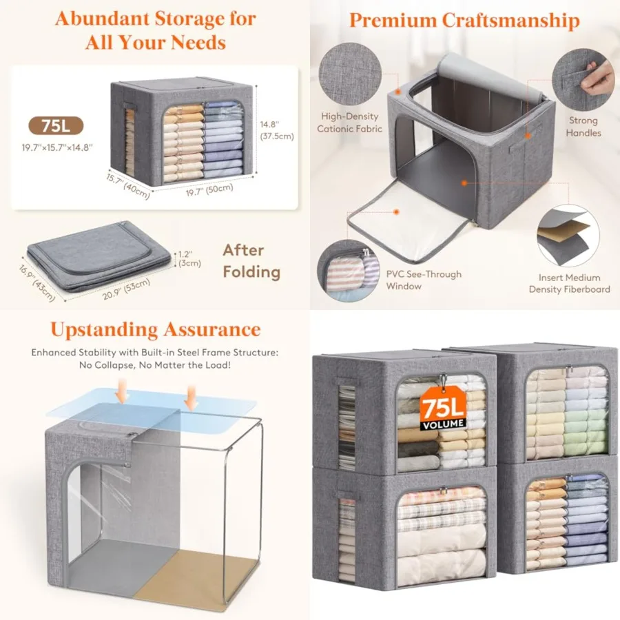 

Clothes Storage Bins with Metal Frame, Stackable Storage Box, Foldable Clothing Storage Bins with Lids, Storage Bags Fabric Box