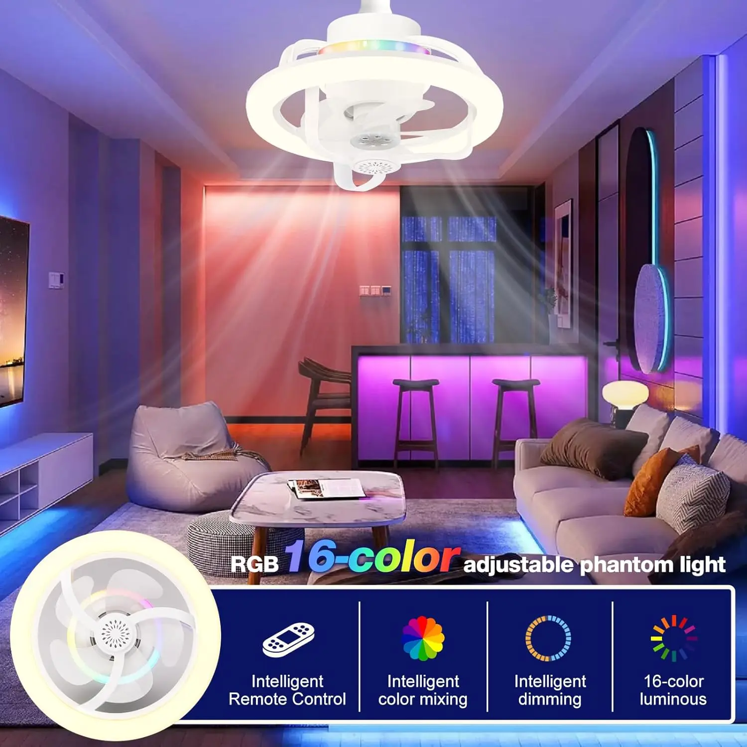 

E27 Потолочный вентилятор с светодиодной подсветкой и люстрой с дистанционным управлением RGB Цветная регулируемая розетка Вентиляторная лампа 3 скорости для домашнего освещения