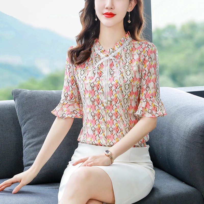 Women\'s Korean Fashion Print Ruffle Lace Up Blouse 2024 New Summer Elegant Short Sleeve Shirt Chic Slim Sweet Tops Casual Blusas