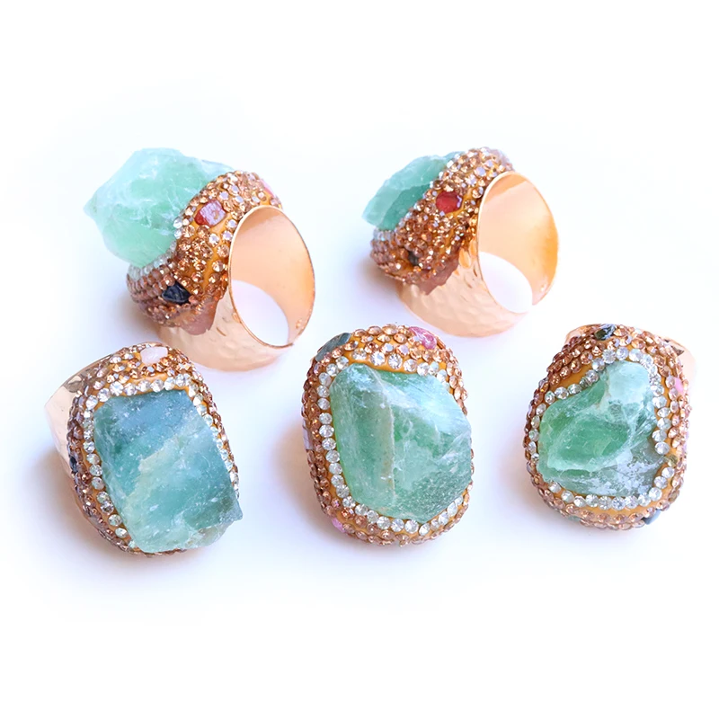 

Micro Inlay Crystal Fluorite Open Ring for Women Irregular Natural Raw Stone Finger Jewelry Adjustable