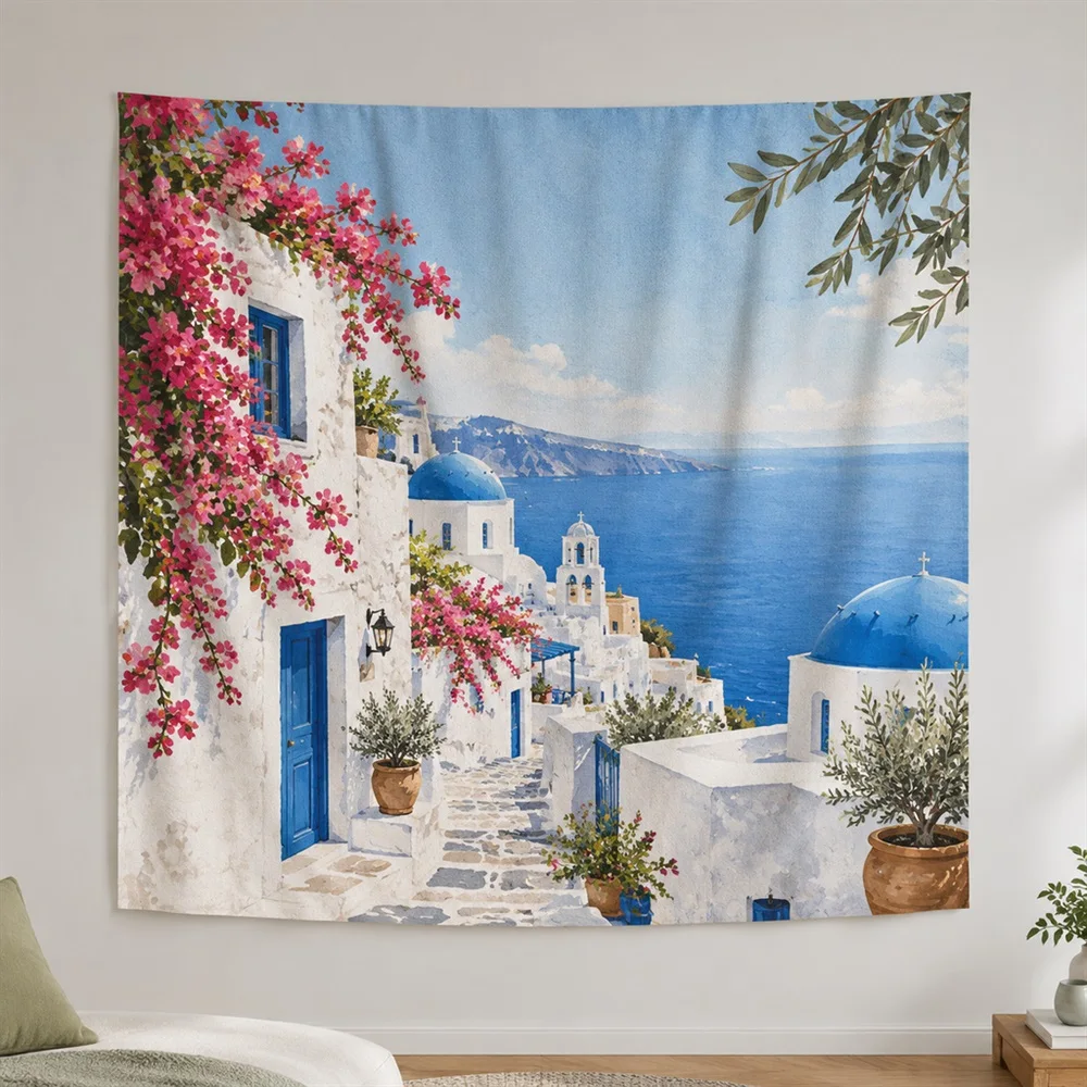VIKAMA Blue White Village Clustered Groups Tapestry Wall Hanging, Mediterranean Wall Decor Tapestries for Living Room Bedroom