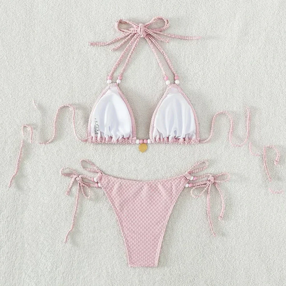 Sexy rosa micro perizoma bikini set perline string halter costumi da bagno donna mini costume da bagno costume da bagno bikini con lacci bikini a triangolo