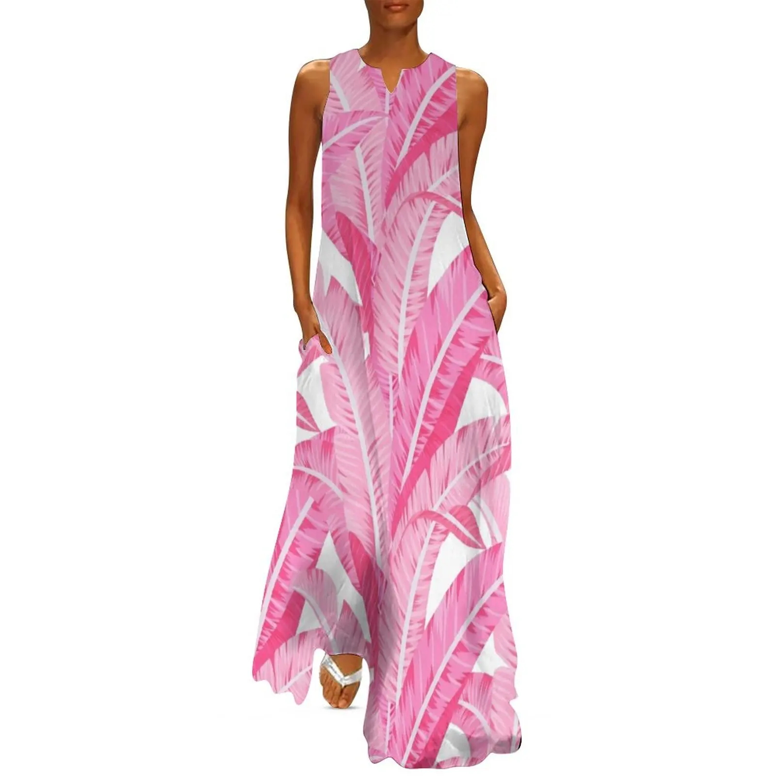 

Pink banana leaves tropical pattern on white Long Dress women formal occasion dresses luxury dresses Elegant gowns Dress