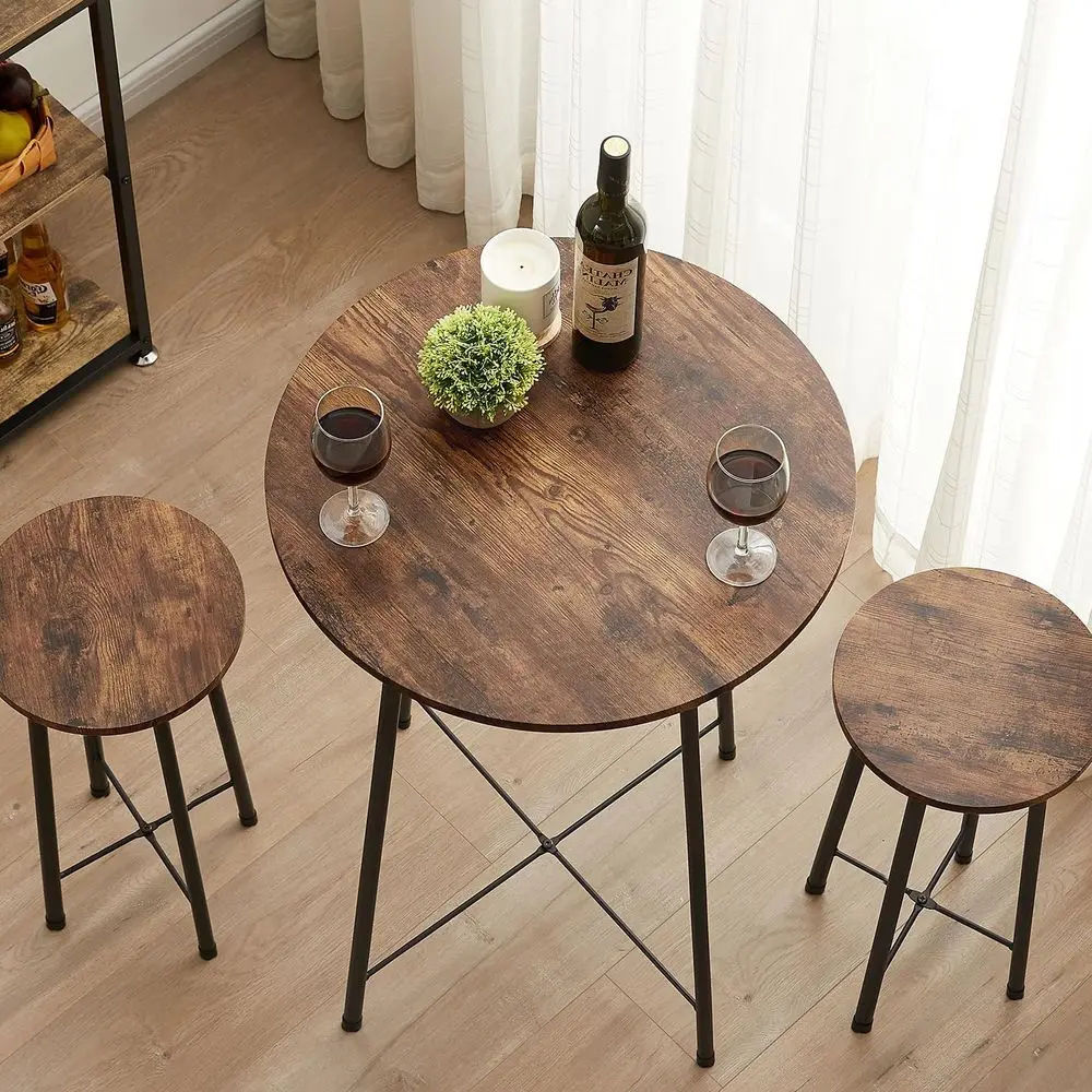 Small Bar Table and Chairs, Round Bistro Sets with 2 barstools, 3-Piece Pub Dining Furniture, Counter Height Wood Top for Breakf