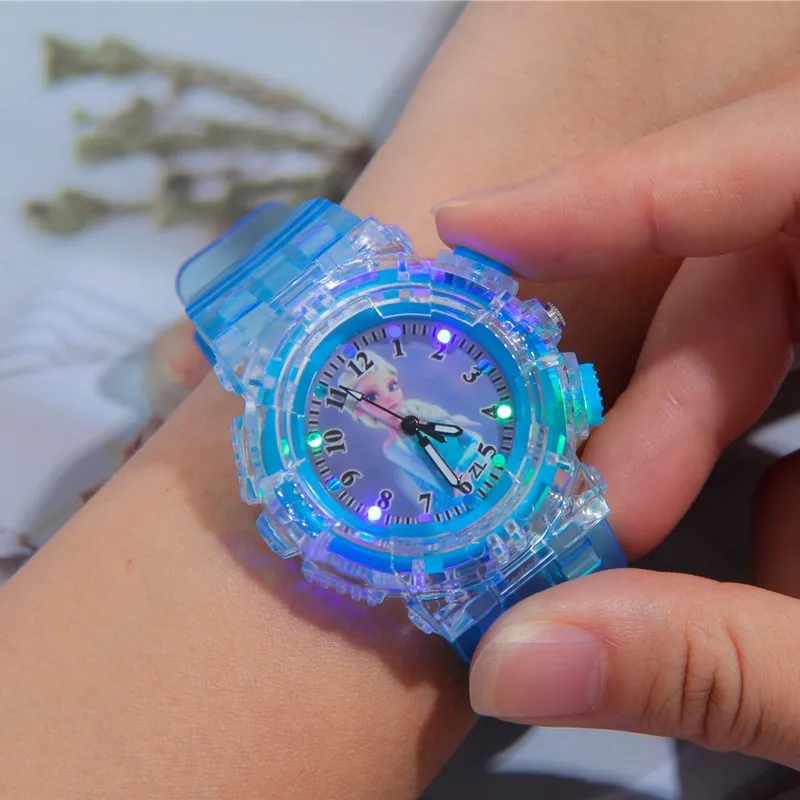 Disney Frozen Children Watches with Bracelet Anime Princess Elsa Girls Colorful Night Light Watch Bracelet Kids Toys Gifts