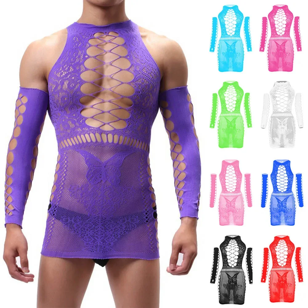 Femboy Clothing Sissy Bodysuit Men Gay Sissy Sexy Mesh See Through Lingerie Gloves Dress Fishnet Top And Pantyhose Funny Apparel