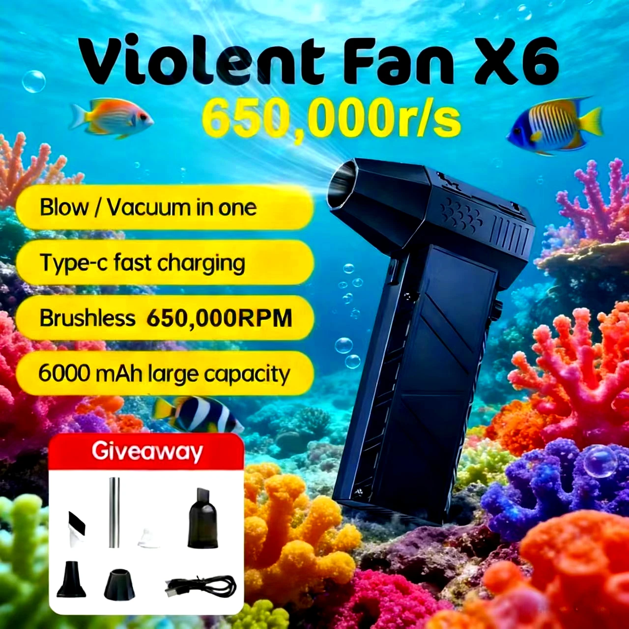 

650,000RPM X6 Air Blower Powerful dust Vacuum Cleaner Fast Charging Strong Wind Brushless Violent Fan for car/computer cleaning