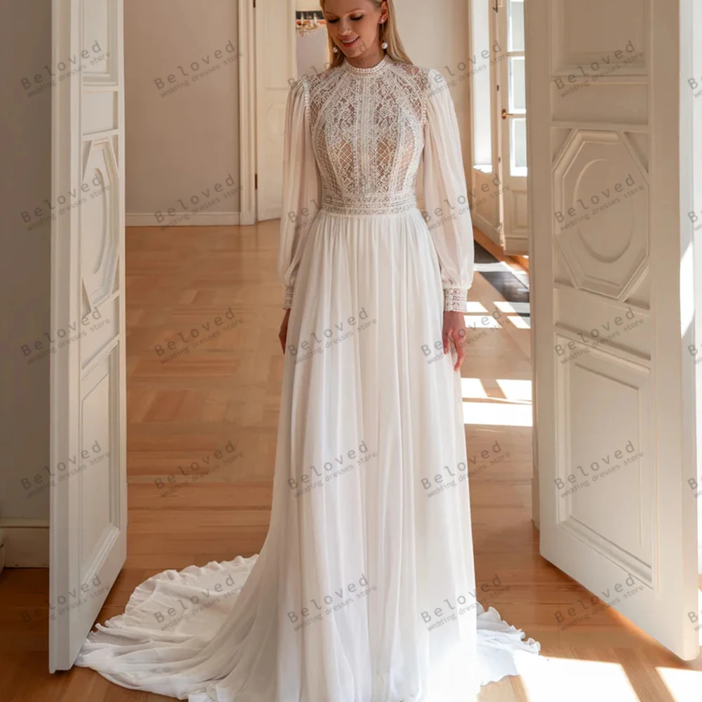 

Modest Wedding Dresses A Line Chiffon Bridal Gowns Lace Appliques Backless Long Puff Sleeves Vestidos De Novia Customized 2025