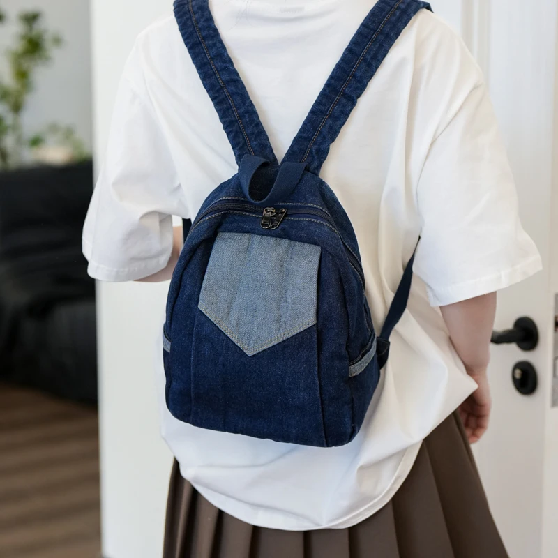 

New Jeans Women's Backpack Canvas Shoulders Bag Patchwork Denim Knapsack Packbag Vintage Rucksack Student Mochila Y2K Bookbag