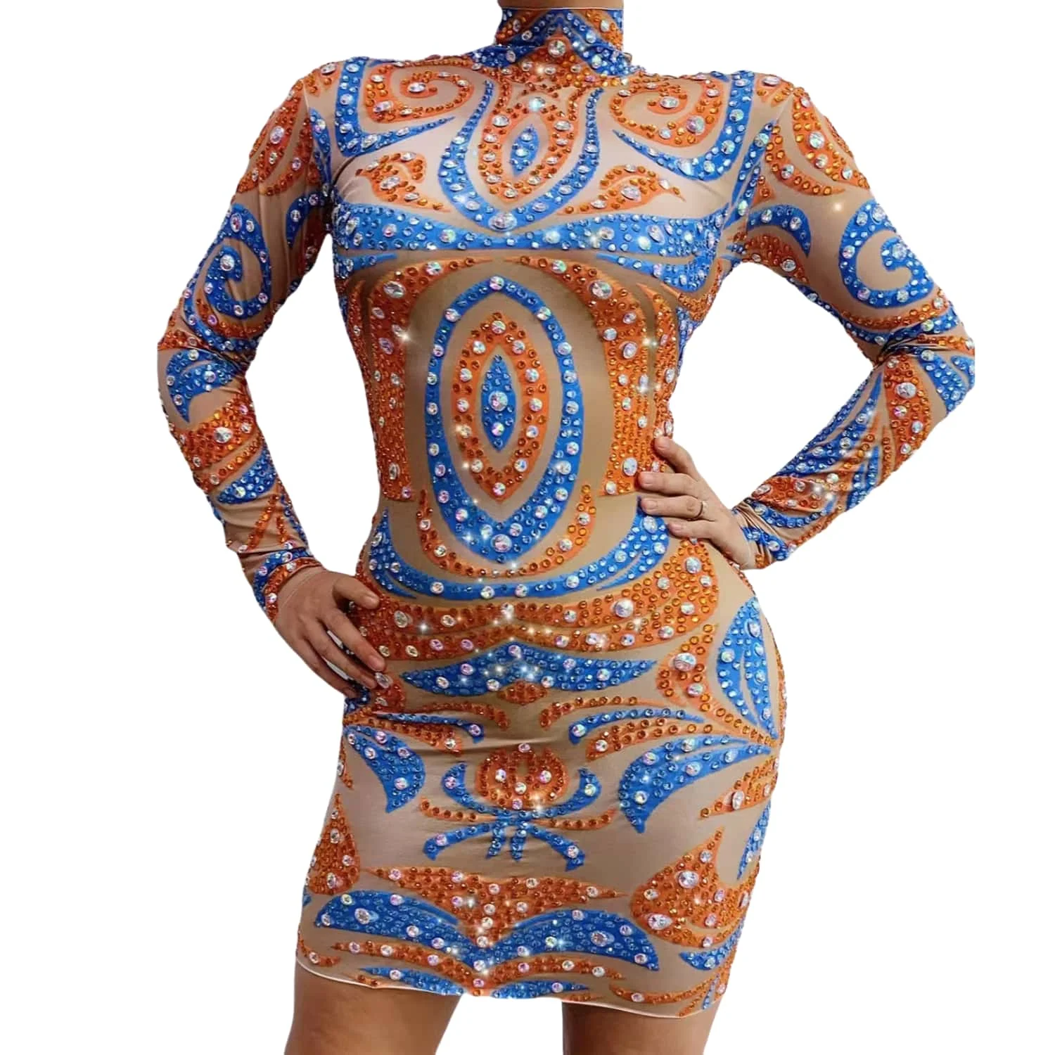 

Sparkly Rhinestones Short Party Dress Women Sexy Long Sleeve Evening Prom Gowns Club Singer Stage Wear Birthday Clothing Juziqun