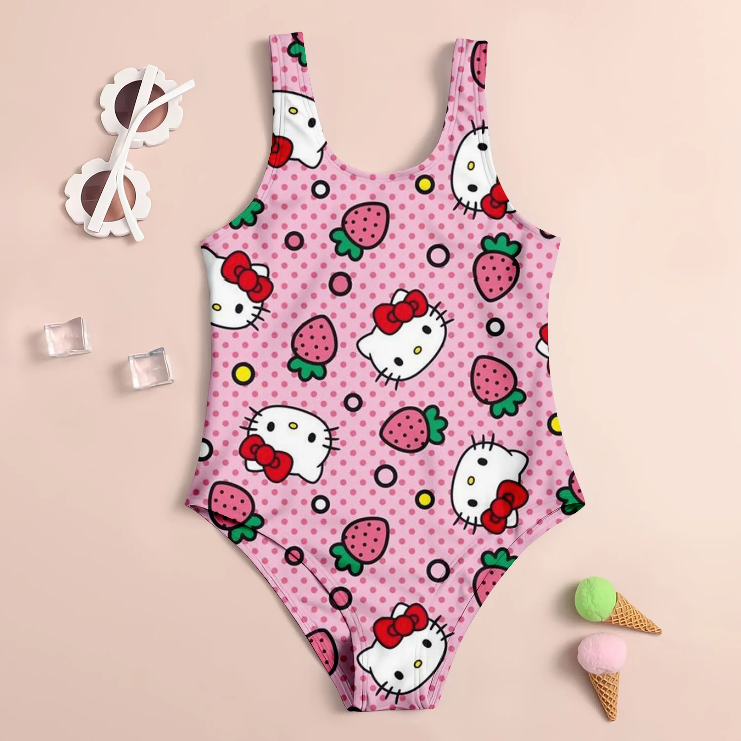 New MINISO Girls One Piece Swimsuit Fashion Cartoon Kuromi & Minnie Mouse 3d Print Kids Sleeveless Swimwear Children\'s Swimwear