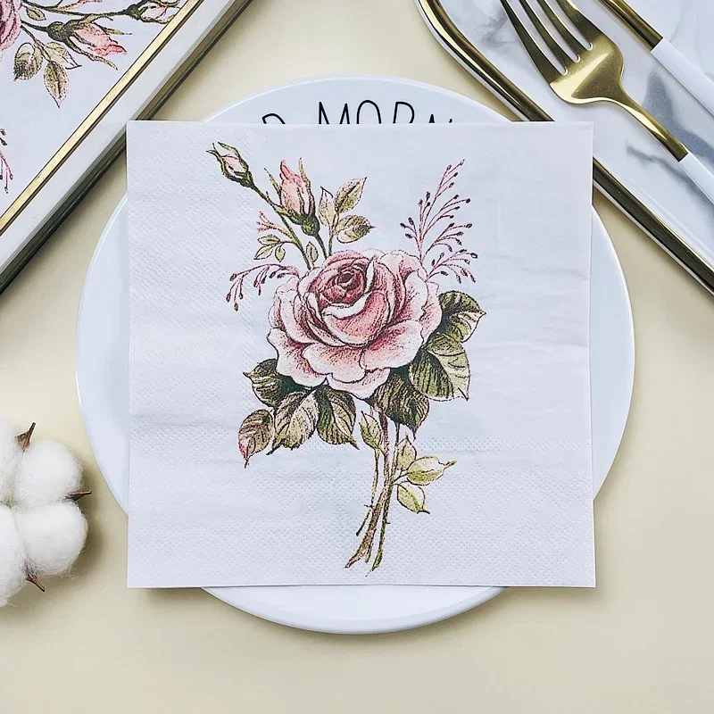 Printed Napkin Hotel Wedding Table Setting Western Restaurant Cafe Mouth Cloth Vintage Rose Pattern Coloured Paper 20pcs/pac