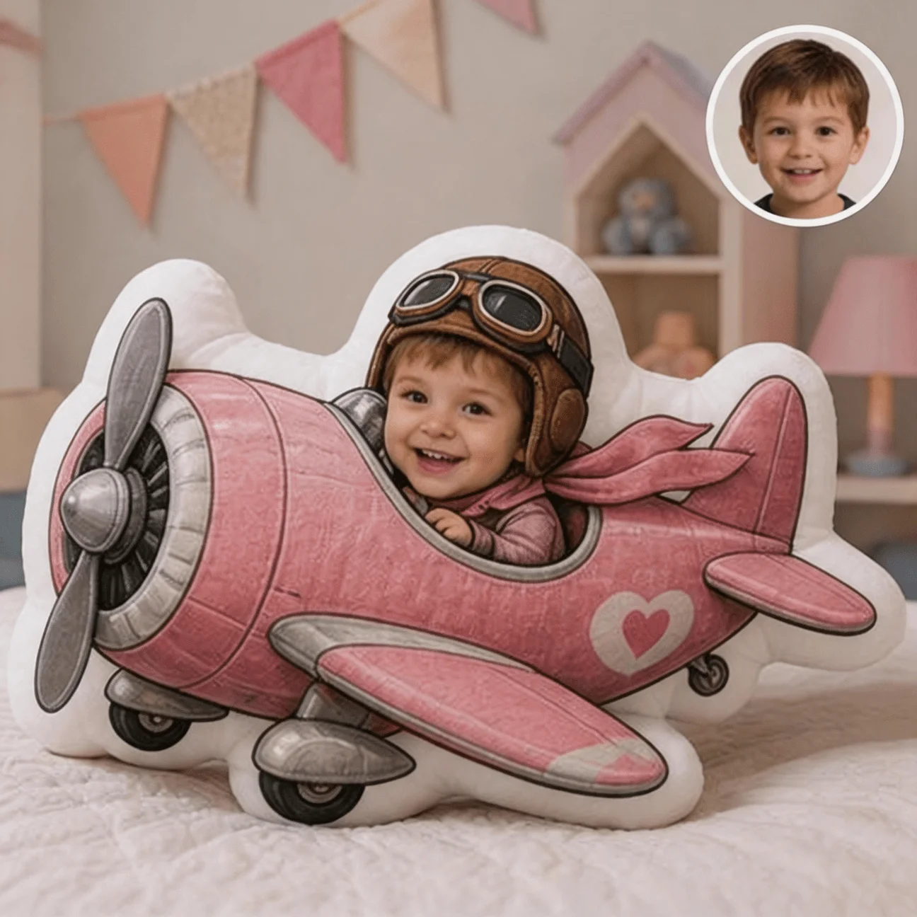 Personalized Photo Customization Pillow: Vintage Aviator Character Pink Aircraft Custom Shaped Decorative Cushion, Stylized Illu