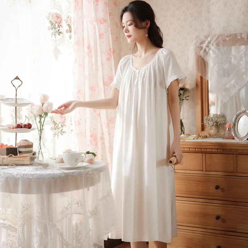 Women Summer White Short Sleeves Cotton Nightwear Simple Round Neck Mid-Calf Loose Nightdress Casual Plus Size Nightgowns New