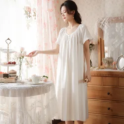 Women Summer White Short Sleeves Cotton Nightwear Simple Round Neck Mid-Calf Loose Nightdress Casual Plus Size Nightgowns New