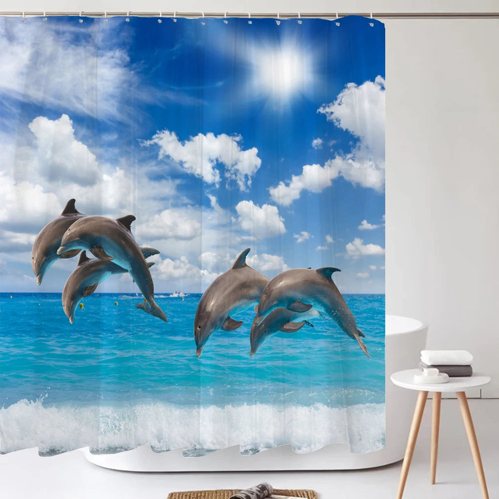 

3D Sea Ocean Dolphin Pattern Bath Curtain Waterproof Fabric Shower Curtains Sunny Beach Bathtub Screen for Bathroom Home Decor