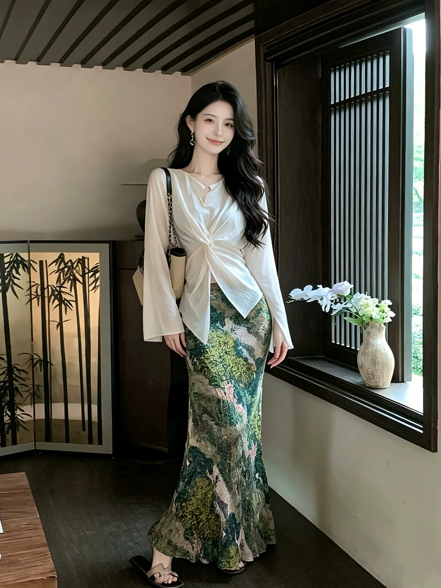 

Elegant Chinese Style Crossed Knot V-Neck Printed Skirt Women's Summer Two-Piece Set Country Style Ensemble Top And Skirt
