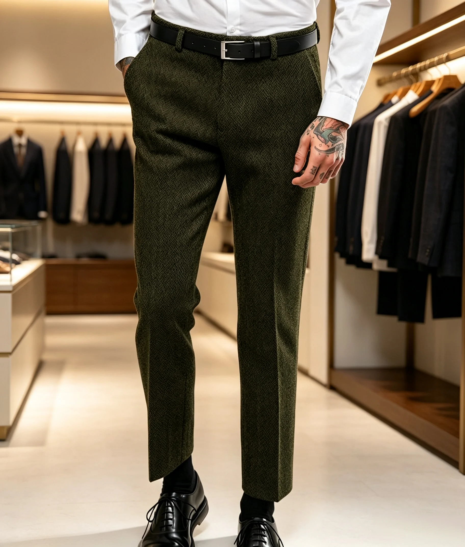 Men Tweed Herringbone Suit Pants Raw Hem Straight Leg Business Trousers Vintage Texture Casual Long Pants For Male