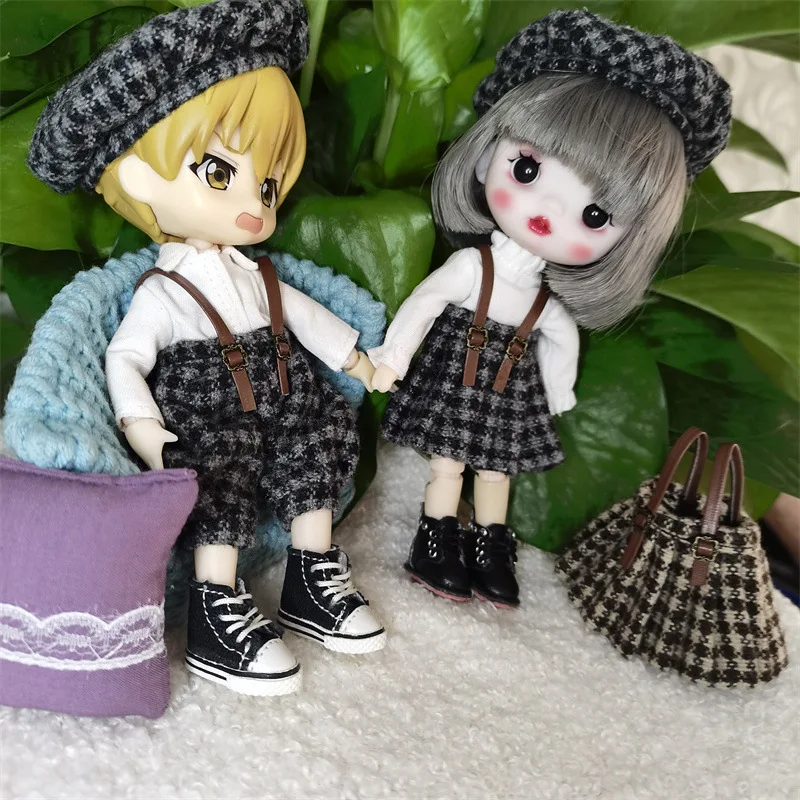 1/12 BJD Doll Clothing Accessories Winter Vintage Checked Skirts/trousers + Top + Beret For OB11 GSC BJD Doll 2.0 YMY Dress Up