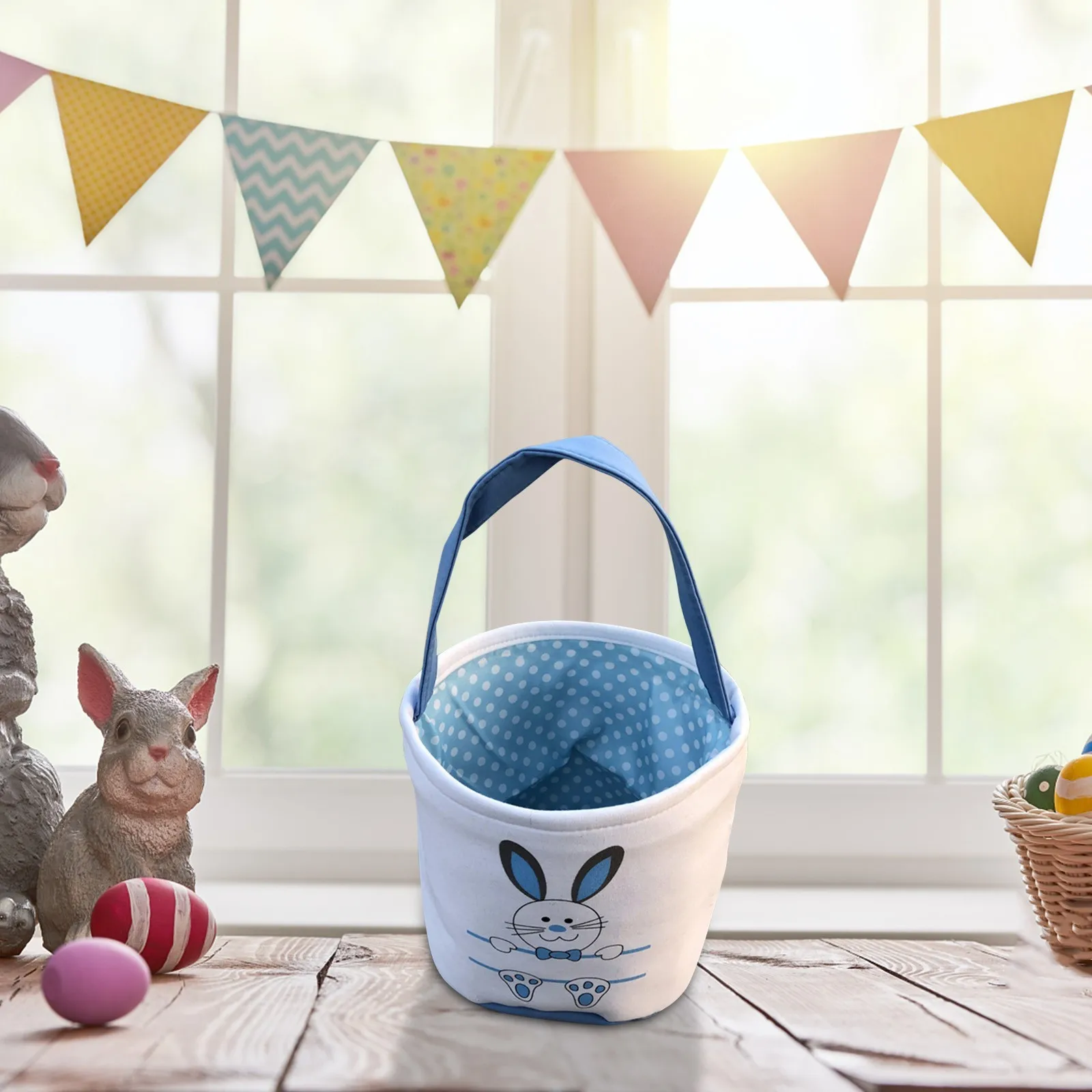 Easter Bunny Basket Bag for Kids, Canvas Cotton Personalized Egg Basket Hunt Bag Rabbit Print Bucket for Easter Eggs Candy Gift