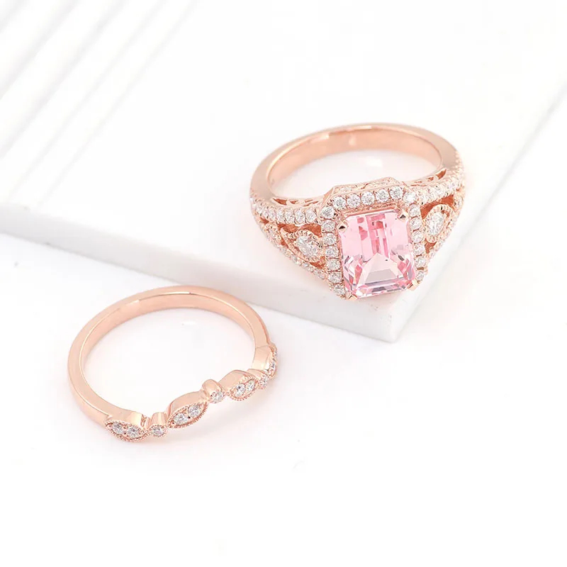Provence Luxury Wedding Ring set KGold Emerald cut pink Lab Gemstones Ring DEF/VS Lab Diamonds Halo band Personalized Custom