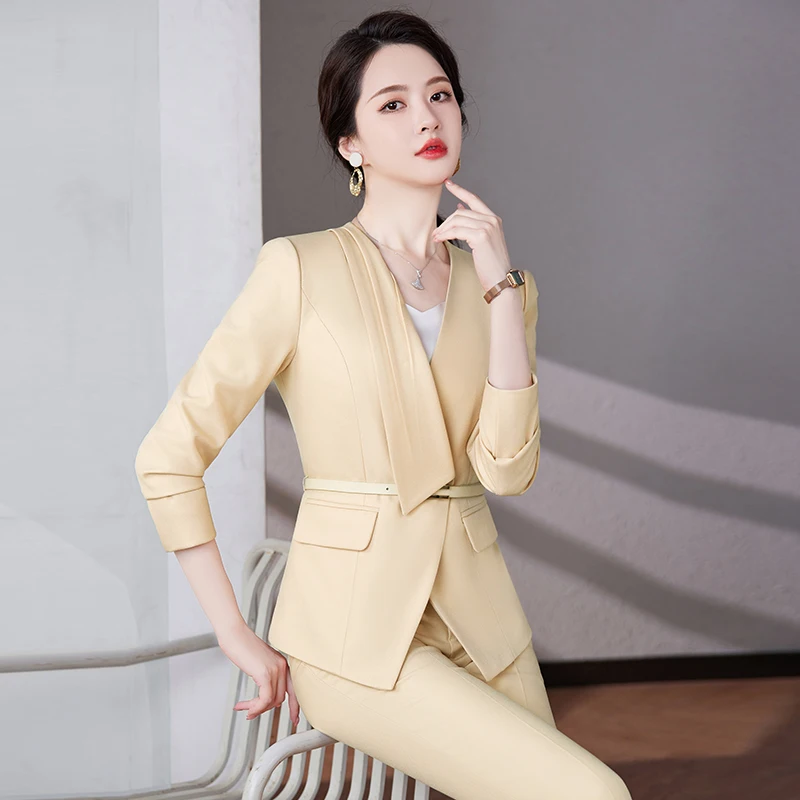 ZJYT Elegant Chic Women\'s Blazer Pant 2 Piece Matching Set Autumn Korean Fashion Jacket Trousers Office Lady Work Outfit Yellow