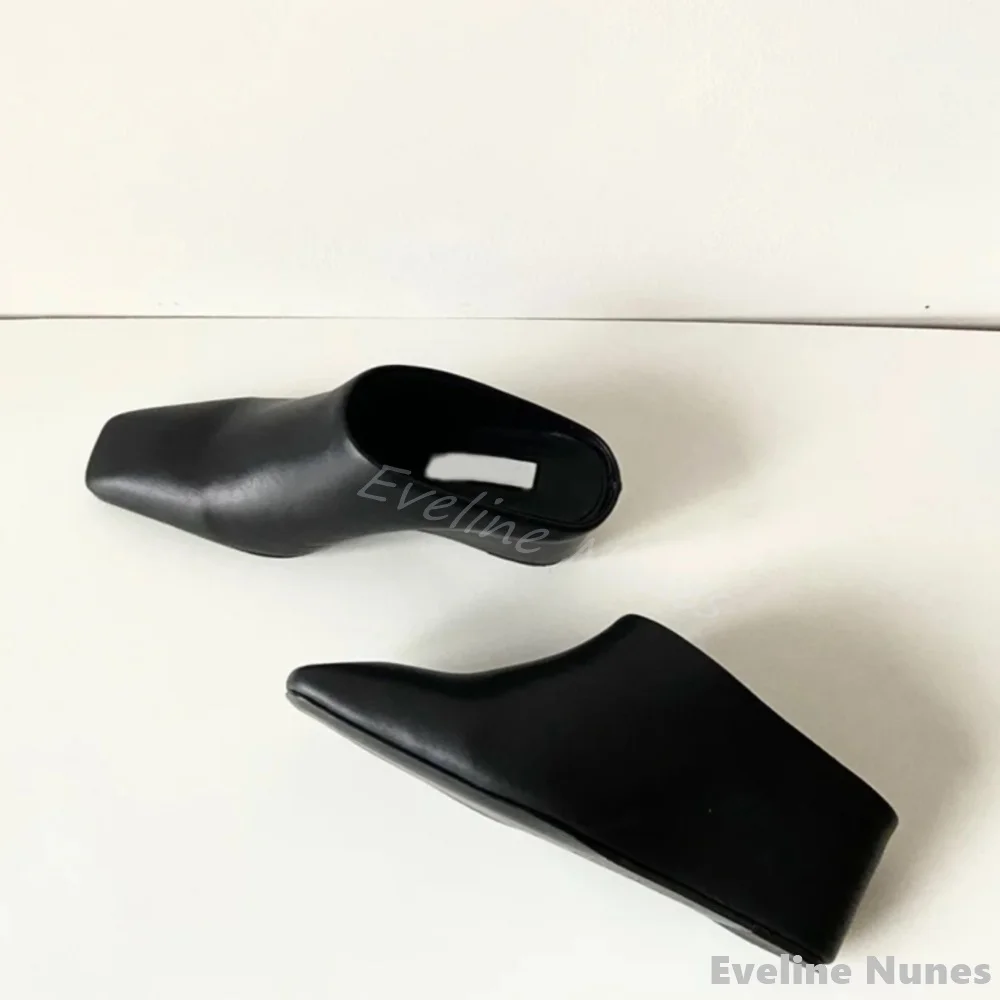 

Minimalist Square Toe Wedge Mules Women Black Leather Internal Height Increase Slip On Slippers 2025 New Outdoor Slippers