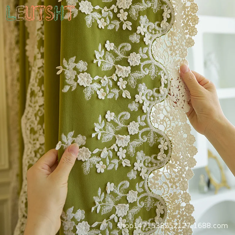 Customized Size 1pc Velvet Curtains for Living Dining Room Bedroom High-end Light Luxury Blackout Green Embroidered Thickened 4