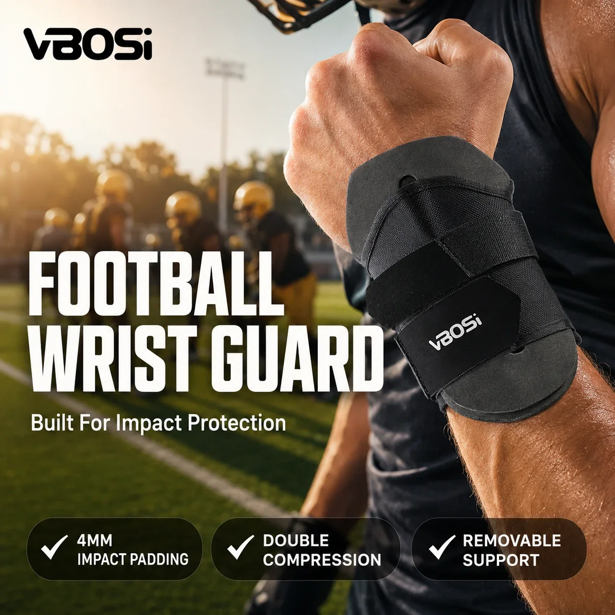 VBOSi American Football Wrist Guard Sports Wrist Support Brace with 4mm Foam Padding Double Compression Strap Removable Protecti