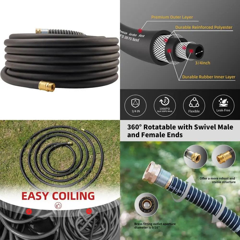 

Heavy-Duty 90-Foot 3/4-Inch Five-Layer Braided Rubber Water Hose with Male and Female Fittings, 1000 PSI Burst Pressure, Garden